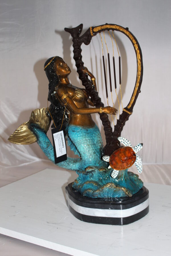 Mermaid play harp Bronze Statue -  Size: 13"L x 8"W x 22"H.