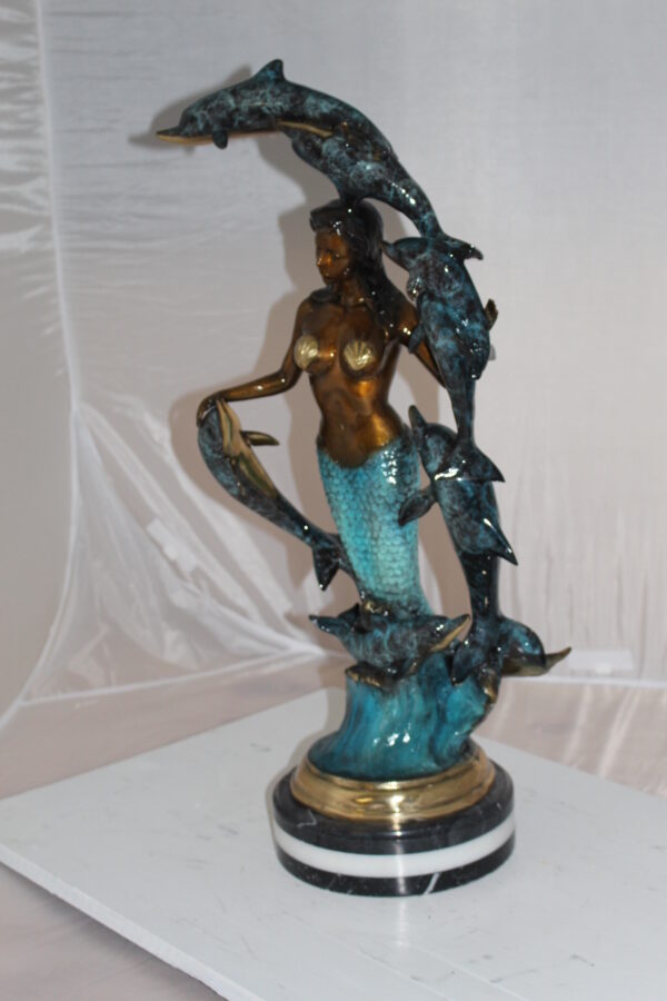 Mermaid w 7 Dolphins Bronze Statue -  Size: 12"L x 12"W x 29"H.