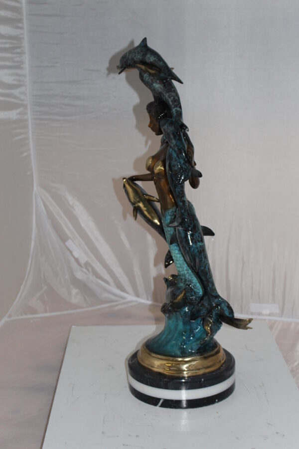 Mermaid w 7 Dolphins Bronze Statue -  Size: 12"L x 12"W x 29"H.