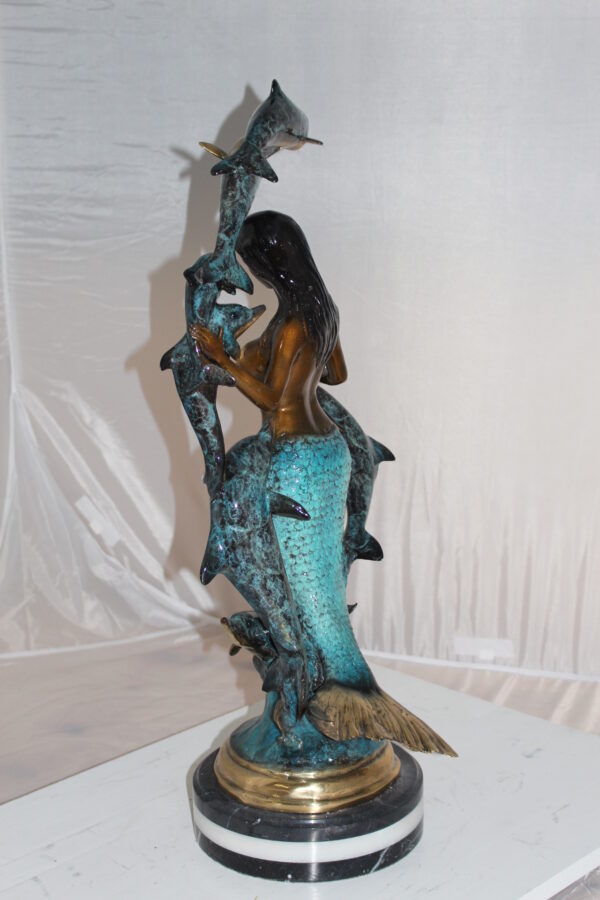 Mermaid w 7 Dolphins Bronze Statue -  Size: 12"L x 12"W x 29"H.