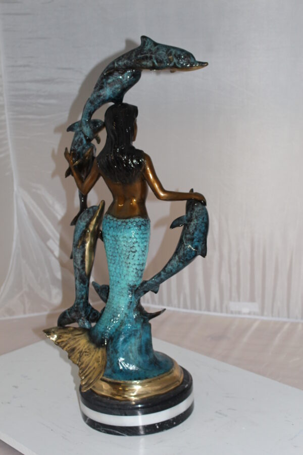 Mermaid w 7 Dolphins Bronze Statue -  Size: 12"L x 12"W x 29"H.