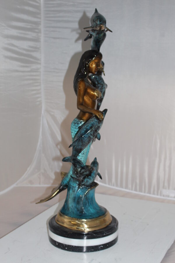 Mermaid w 7 Dolphins Bronze Statue -  Size: 12"L x 12"W x 29"H.