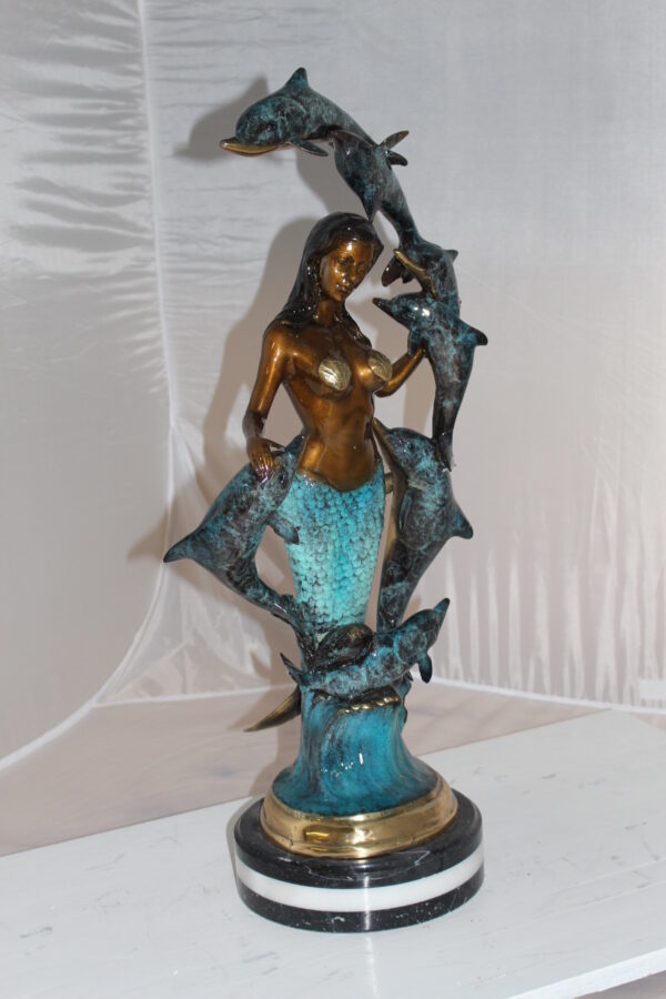 Mermaid w 7 Dolphins Bronze Statue -  Size: 12"L x 12"W x 29"H.