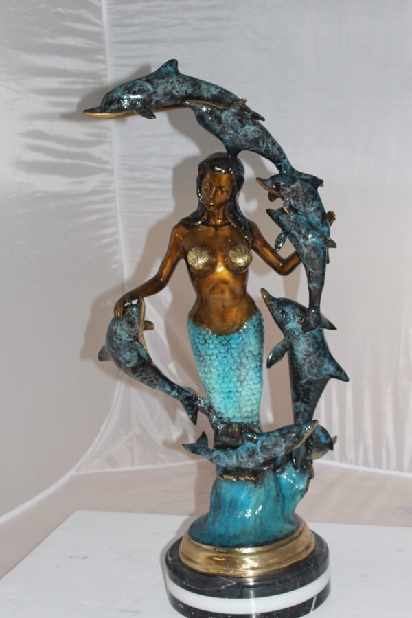 Mermaid w 7 Dolphins Bronze Statue -  Size: 12"L x 12"W x 29"H.