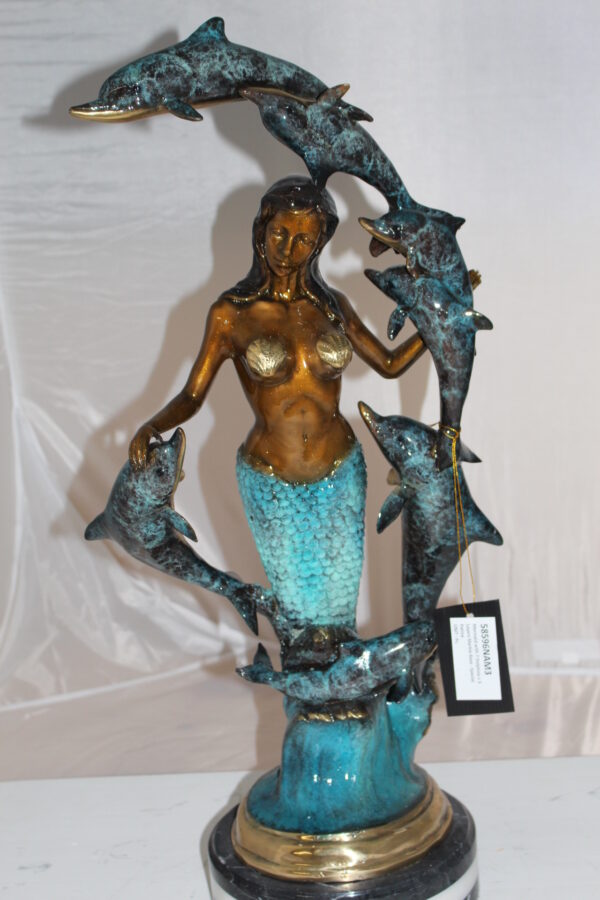 Mermaid w 7 Dolphins Bronze Statue -  Size: 12"L x 12"W x 29"H.