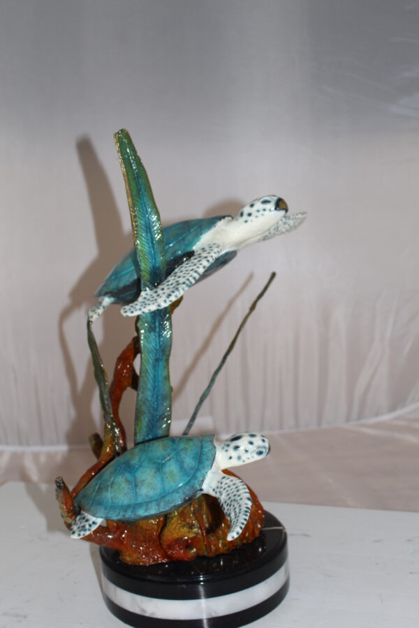 Two Sea Turtles Swimming Bronze Statue -  Size: 17"L x 9"W x 20"H.