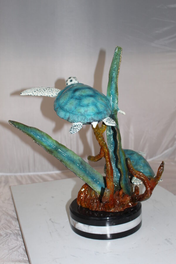 Two Sea Turtles Swimming Bronze Statue -  Size: 17"L x 9"W x 20"H.