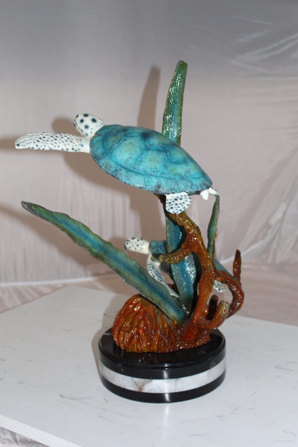 Two Sea Turtles Swimming Bronze Statue -  Size: 17"L x 9"W x 20"H.