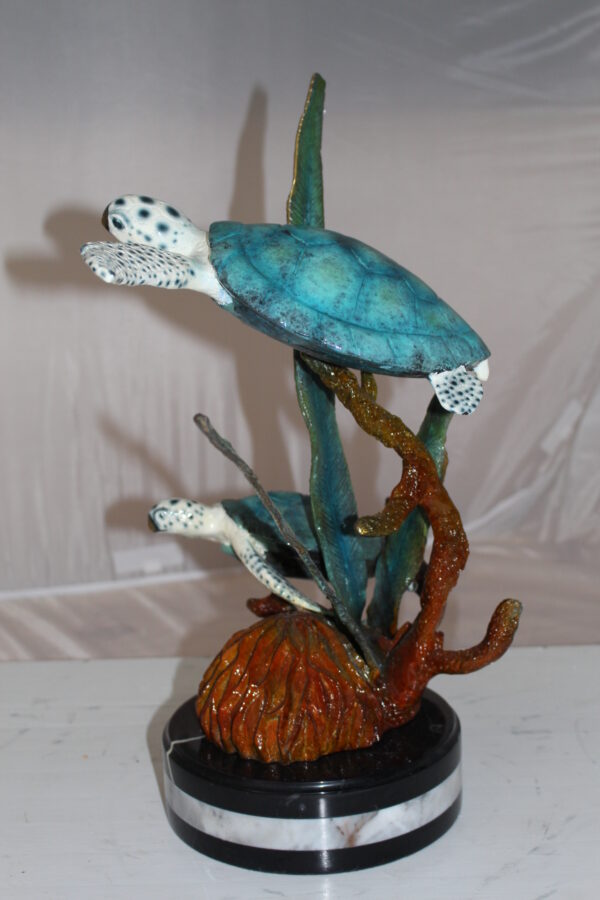 Two Sea Turtles Swimming Bronze Statue -  Size: 17"L x 9"W x 20"H.