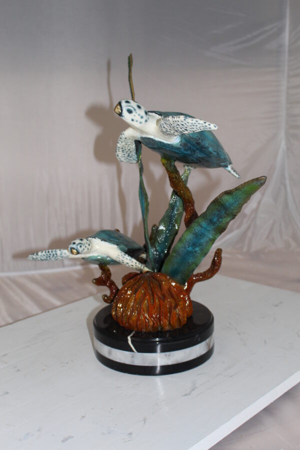 Two Sea Turtles Swimming Bronze Statue -  Size: 17"L x 9"W x 20"H.