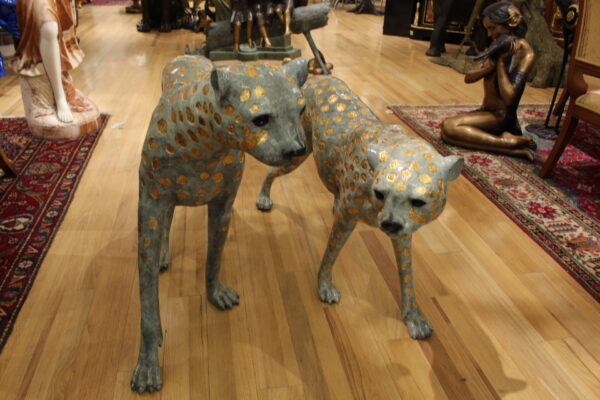 Pair of Golden-Plated Cheetahs Bronze Statue -  Size: 58"L x 10"W x 31"H.