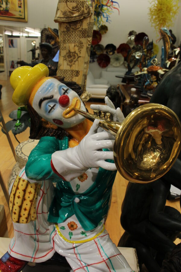 Colorful Clown Playing Instrument Bronze Statue -  Size: 18"L x 13"W x 31"H.