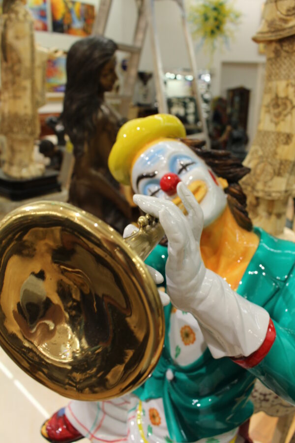 Colorful Clown Playing Instrument Bronze Statue -  Size: 18"L x 13"W x 31"H.