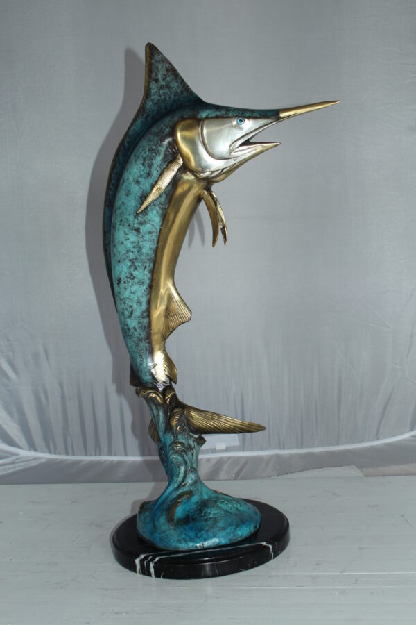 Single Marlin Fish bronze statue -  Size: 9"L x 9"W x 27"H.