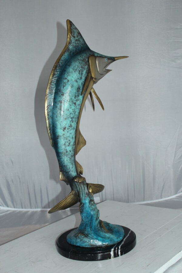 Single Marlin Fish bronze statue -  Size: 9"L x 9"W x 27"H.