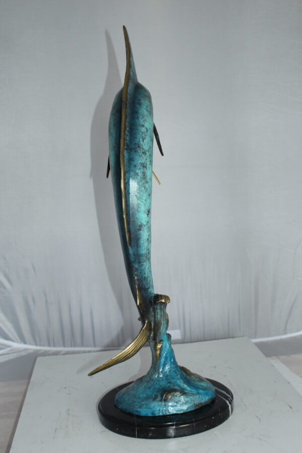 Single Marlin Fish bronze statue -  Size: 9"L x 9"W x 27"H.