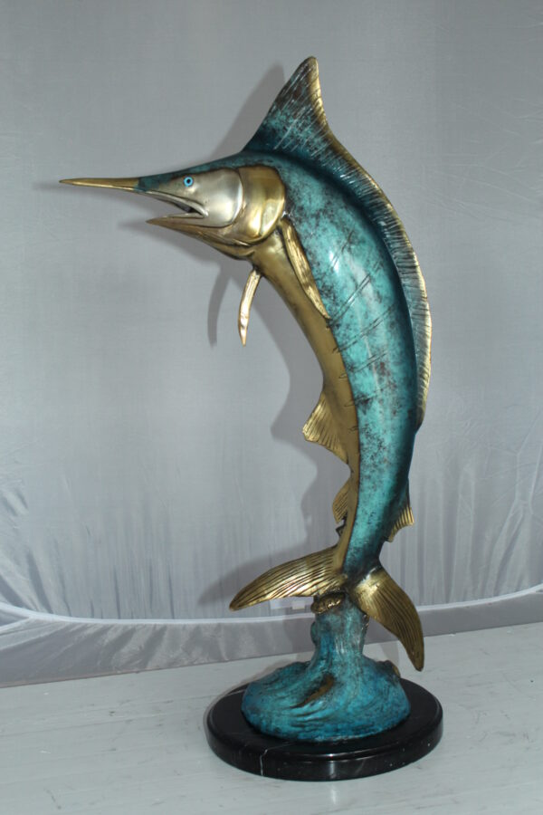 Single Marlin Fish bronze statue -  Size: 9"L x 9"W x 27"H.