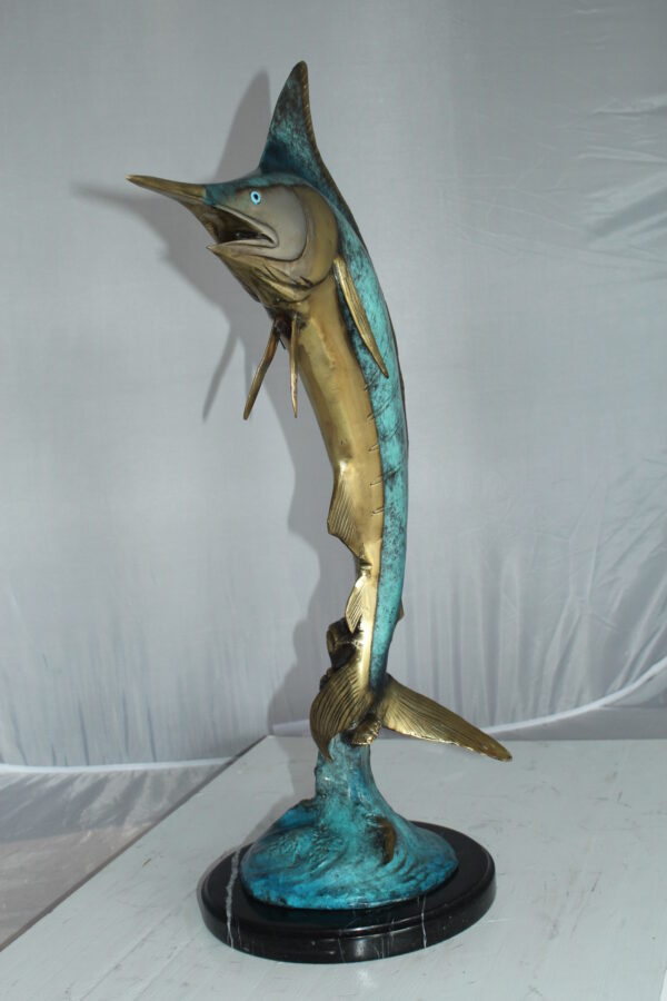 Single Marlin Fish bronze statue -  Size: 9"L x 9"W x 27"H.