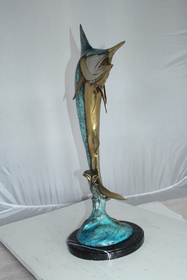 Single Marlin Fish bronze statue -  Size: 9"L x 9"W x 27"H.