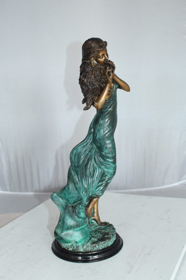 Musical Girl Bronze Statue -  Size: 8"L x 7"W x 19"H.