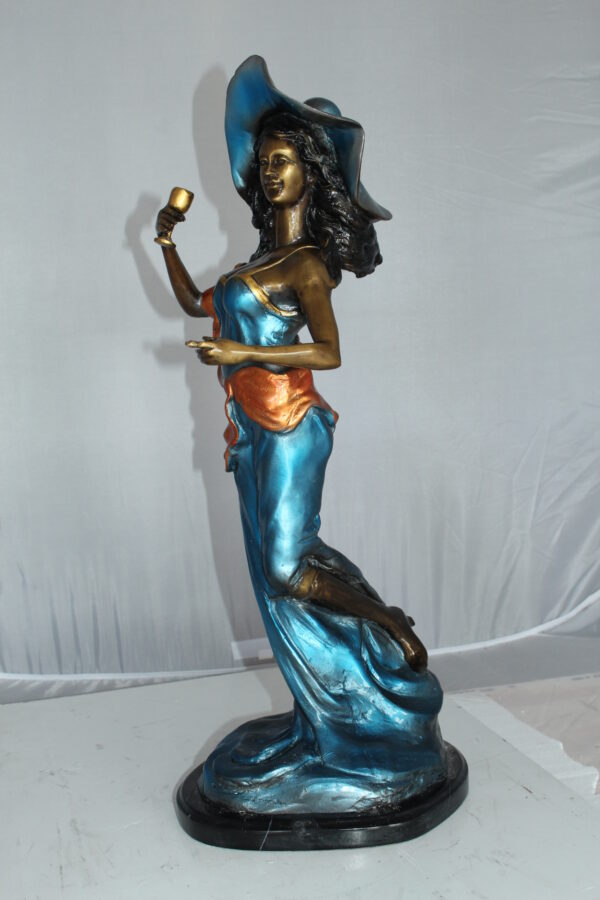 Lady Holding a Wine Glass Bronze Statue -  Size: 9"L x 11"W x 26"H.