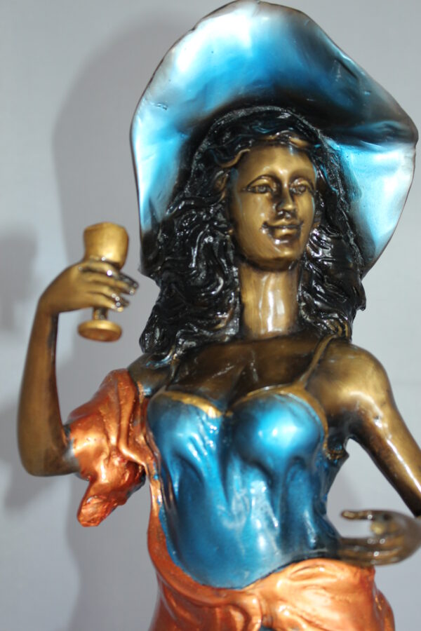 Lady Holding a Wine Glass Bronze Statue -  Size: 9"L x 11"W x 26"H.