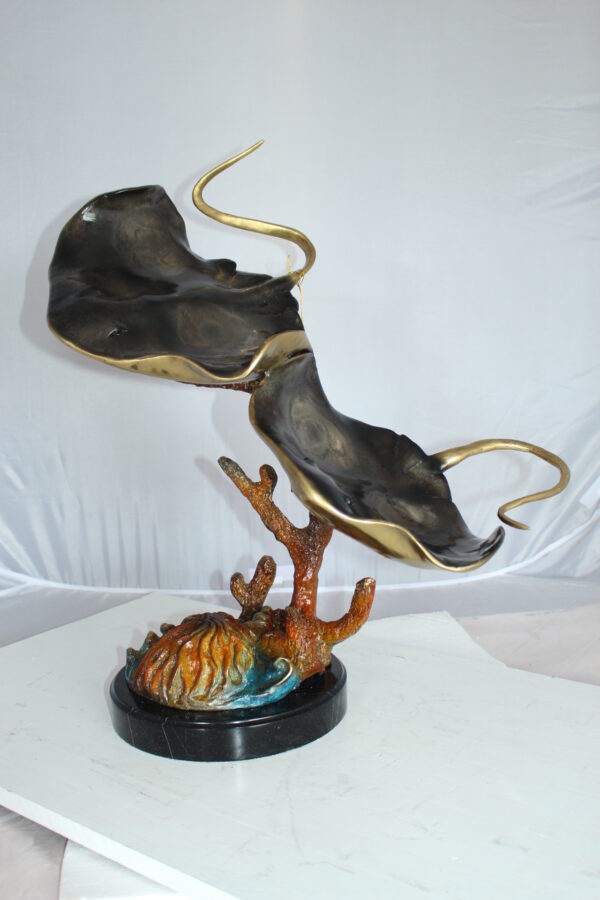 Two Manta Ray Raging Bronze Statue -  Size: 17"L x 12"W x 22"H.