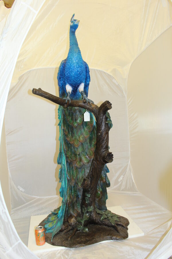 Peacock on Tree Bronze Statue -  Size: 31"L x 30"W x 64"H.