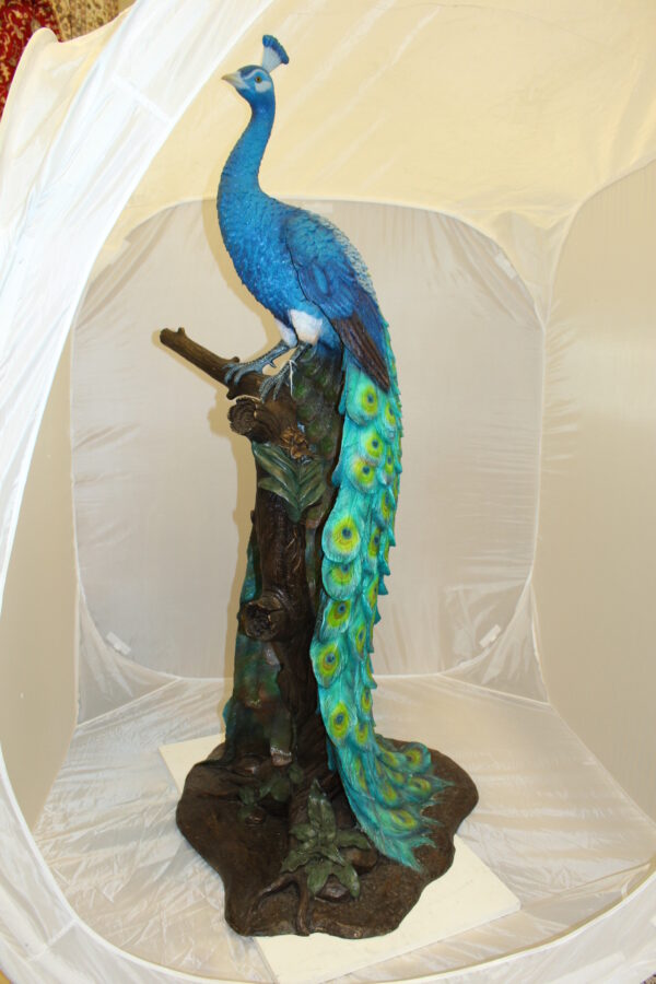 Peacock on Tree Bronze Statue -  Size: 31"L x 30"W x 64"H.