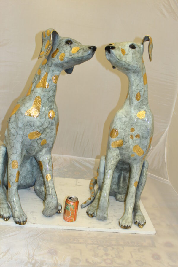 Pair of Golden Pleated Dalmatians Sitting Bronze Statue -  21"L x 16"W x 35"H.