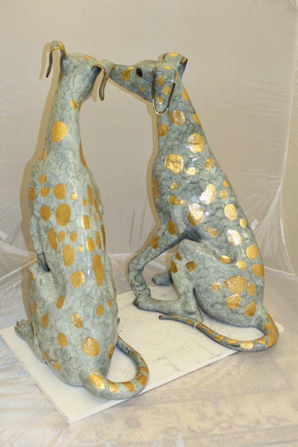 Pair of Golden Pleated Dalmatians Sitting Bronze Statue -  21"L x 16"W x 35"H.