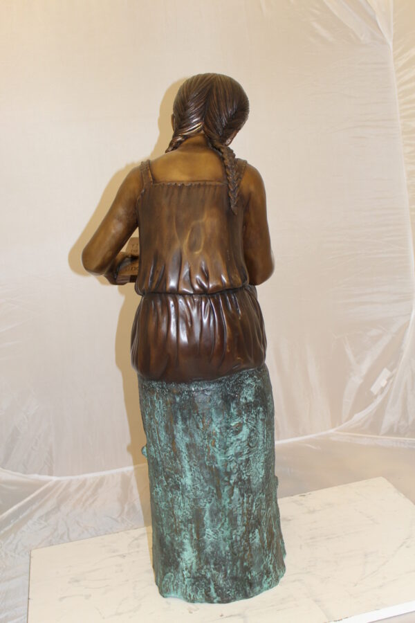 Girl Sitting on a Tree Stump Reading a Book Bronze Statue -  15"L x 17"W x 38"H