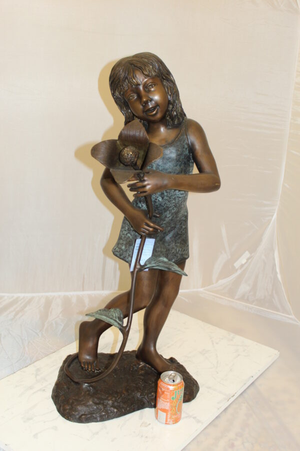 Girl Holding a Flower Fountain Bronze Statue -  Size: 15"L x 15"W x 35"H.