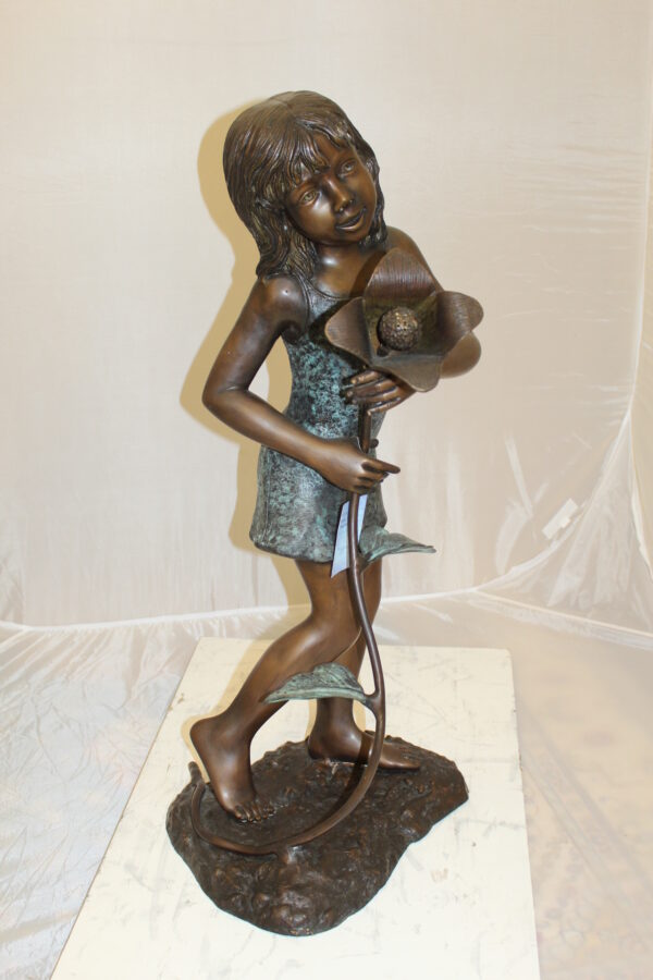 Girl Holding a Flower Fountain Bronze Statue -  Size: 15"L x 15"W x 35"H.