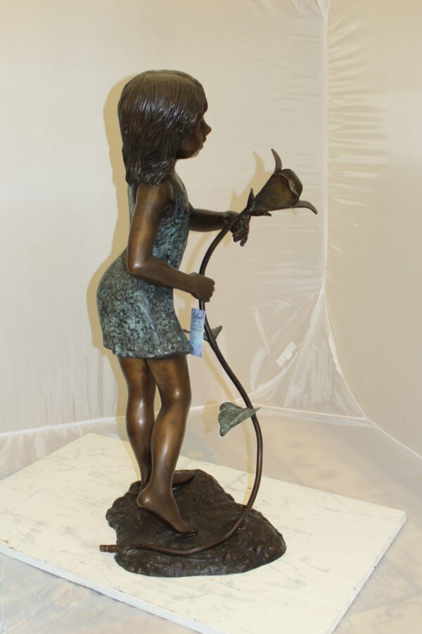 Girl Holding a Flower Fountain Bronze Statue -  Size: 15"L x 15"W x 35"H.