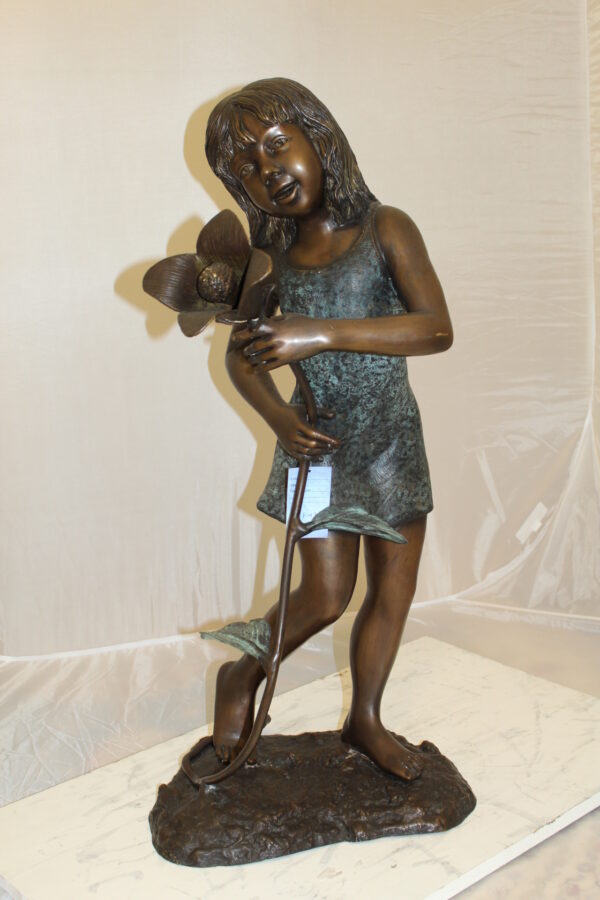 Girl Holding a Flower Fountain Bronze Statue -  Size: 15"L x 15"W x 35"H.