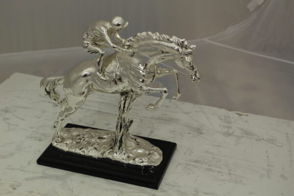 Jockey on Horse Silver Finished  - Bronze Statue -  Size: 13"L x 5"W x 12"H.