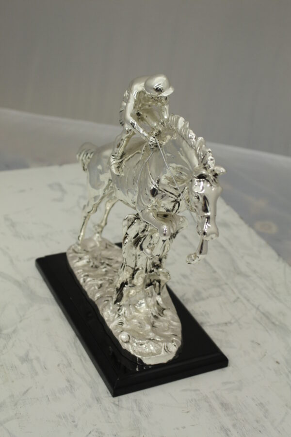 Jockey on Horse Silver Finished  - Bronze Statue -  Size: 13"L x 5"W x 12"H.