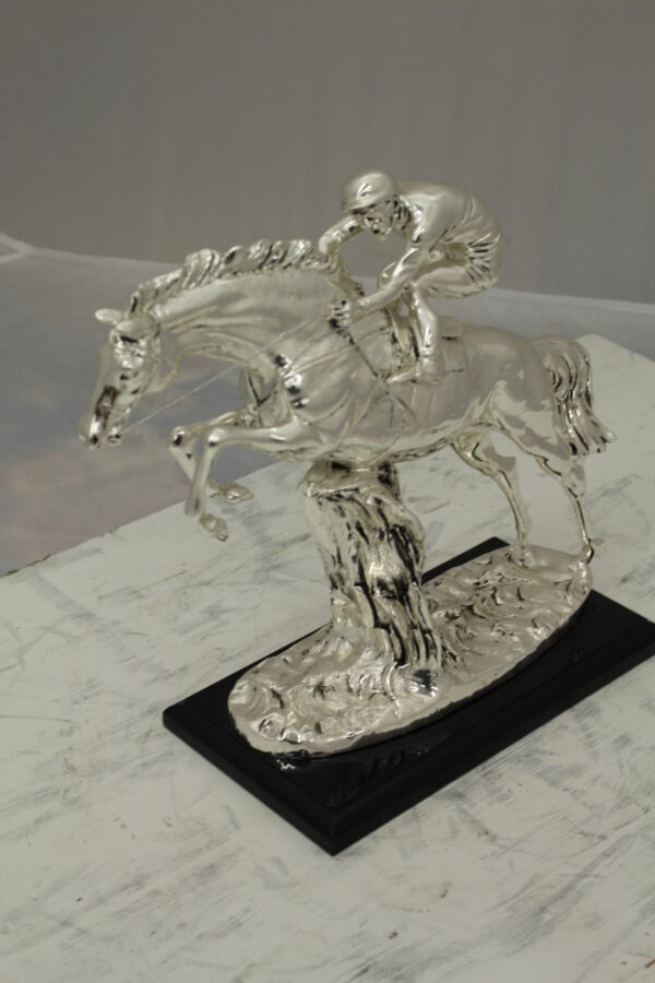 Jockey on Horse Silver Finished  - Bronze Statue -  Size: 13"L x 5"W x 12"H.