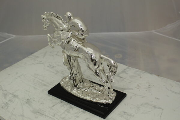 Jockey on Horse Silver Finished  - Bronze Statue -  Size: 13"L x 5"W x 12"H.