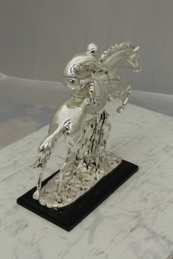 Jockey on Horse Silver Finished  - Bronze Statue -  Size: 13"L x 5"W x 12"H.