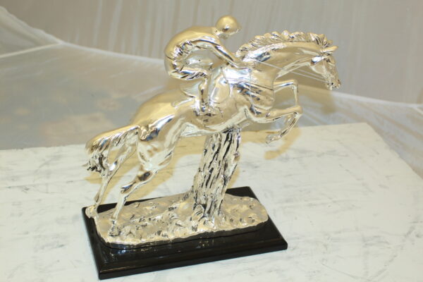 Jockey on Horse Silver Finished  - Bronze Statue -  Size: 13"L x 5"W x 12"H.