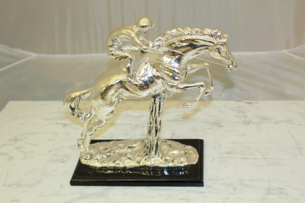 Jockey on Horse Silver Finished  - Bronze Statue -  Size: 13"L x 5"W x 12"H.