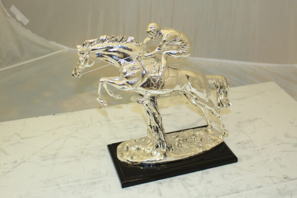 Jockey on Horse Silver Finished  - Bronze Statue -  Size: 13"L x 5"W x 12"H.