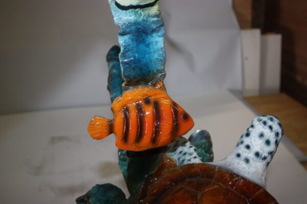 Dolphin with two fish and one turtle Statue -  Size: 22"L x 12"W x 32"H.