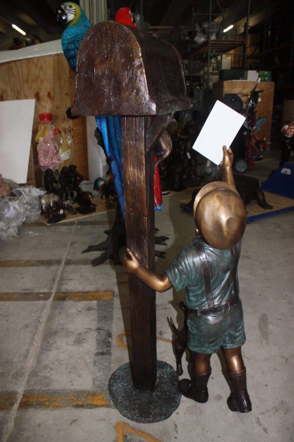 Standing mailbox W boy dog and cat - Bronze Statue -  Size: 22"L x 18"W x 50"H.