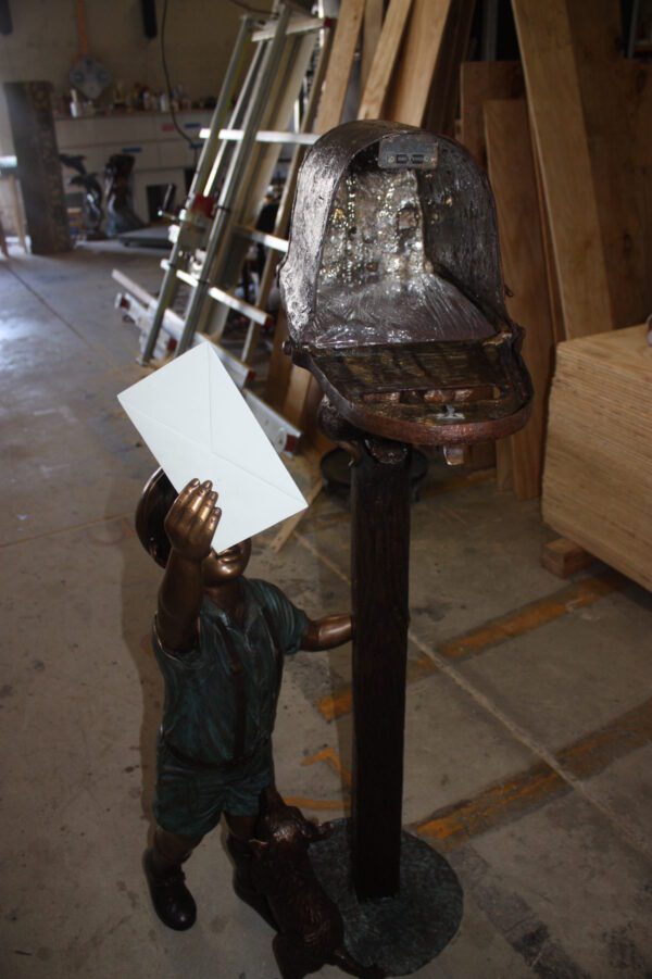 Standing mailbox W boy dog and cat - Bronze Statue -  Size: 22"L x 18"W x 50"H.