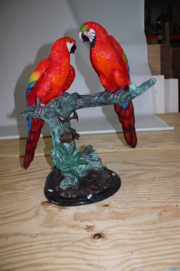 Two Parrots on a tree - Bronze Statue -  Size: 20"L x 12"W x 23"H.