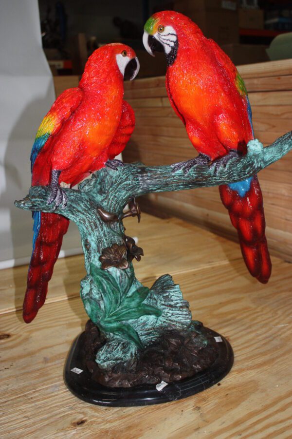 Two Parrots on a tree - Bronze Statue -  Size: 20"L x 12"W x 23"H.