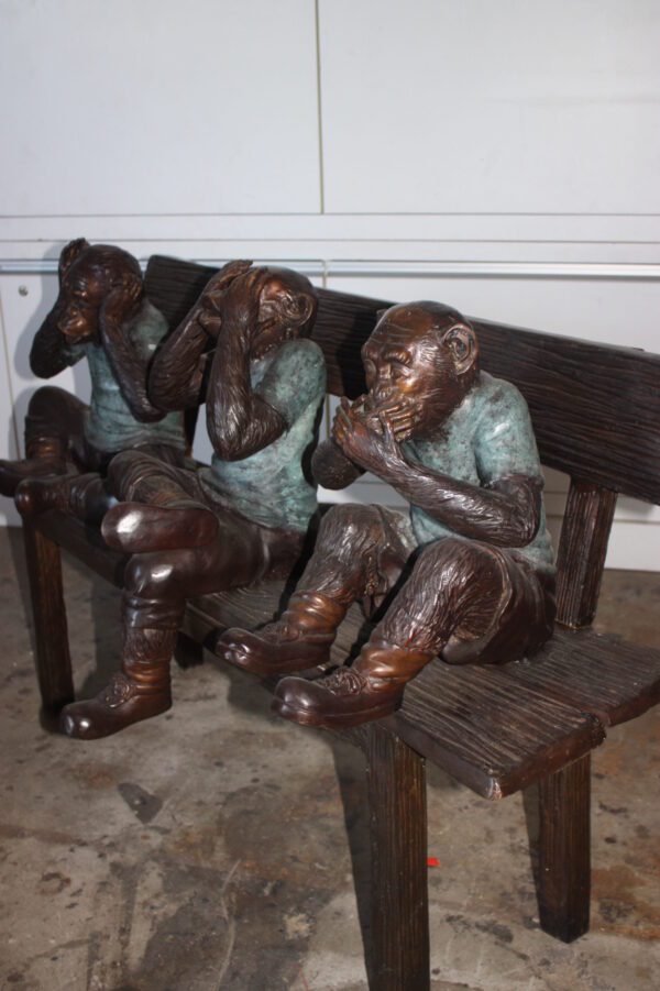 Three Wise Monkeys on Bench Bronze Statue -  Size: 45"L x 19"W x 30"H.